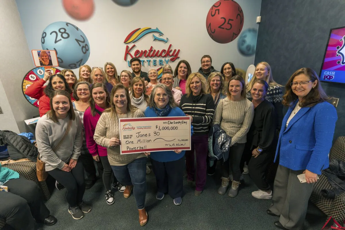 A group of educators from a middle school in northern Kentucky who bought a $1 million Powerball ticket are pictured in Louisville, Ky., on Jan. 30, 2024. (Kentucky Lottery via AP)