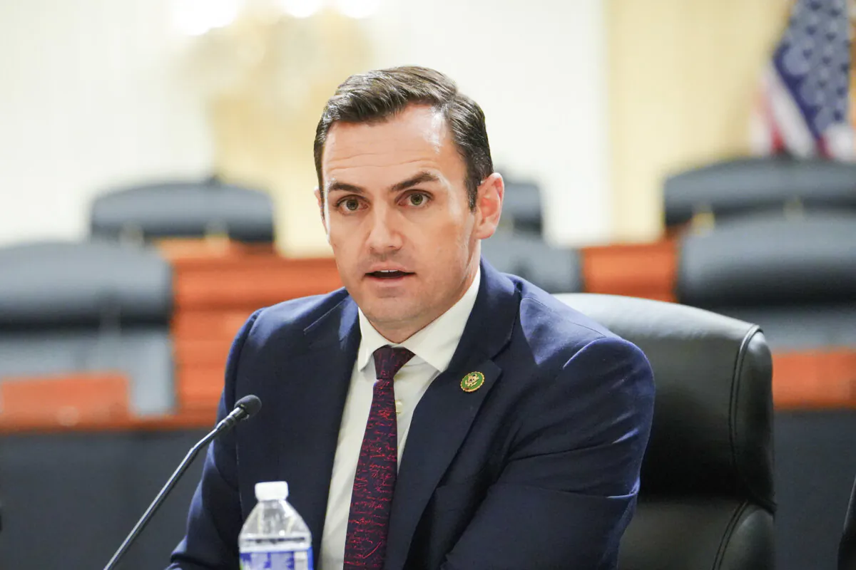 Chairman of the Select Committee on the Chinese Communist Party (CCP), Rep. Mike Gallagher (R-Wis.), speaks during a press conference unveiling the results of the Committee’s investigation into the biolab discovered in Reedley, Calif., in Washington on Nov. 15, 2023. (Madalina Vasiliu/The Epoch Times)