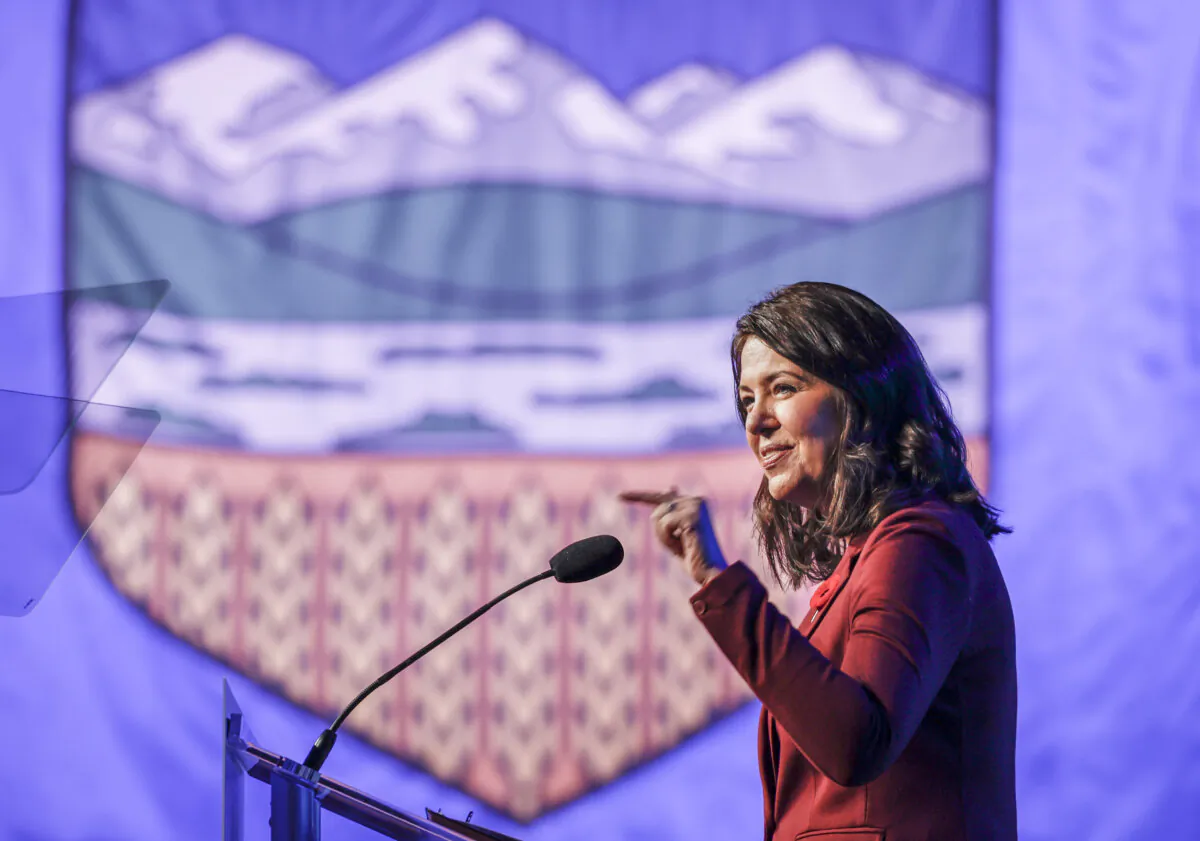 Alberta Premier Danielle Smith speaks to party faithful at the United Conservative Party annual general meeting in Calgary, Nov. 4, 2023. (THE CANADIAN PRESS/Jeff McIntosh
