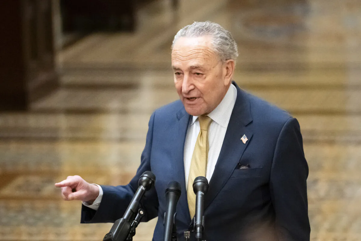 Sen. Charles Schumer (D-N.Y.) speaks to the press after a meeting with Ukrainian President Volodymyr Zelensky and other lawmakers in Congress in Washington on Dec. 12, 2023. (Madalina Vasiliu/The Epoch Times)