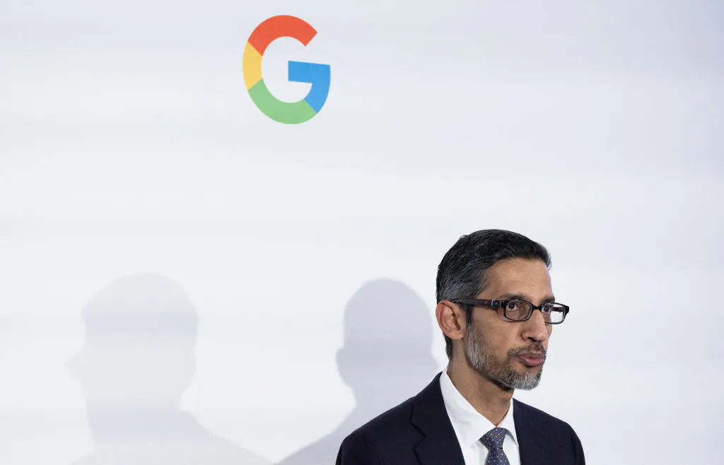 Alphabet Inc. and Google CEO Sundar Pichai speaks during the inauguration of a Google Artificial Intelligence (AI) hub in Paris on Feb. 15, 2024. (Alain Jocard/AFP via Getty Images)