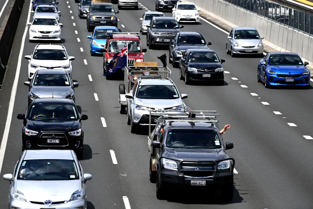 Cars on the southern motorway towards Auckland city during a protest against government regulations in New Zealand on Nov. 21, 2021. (Hannah Peters/Getty Images)