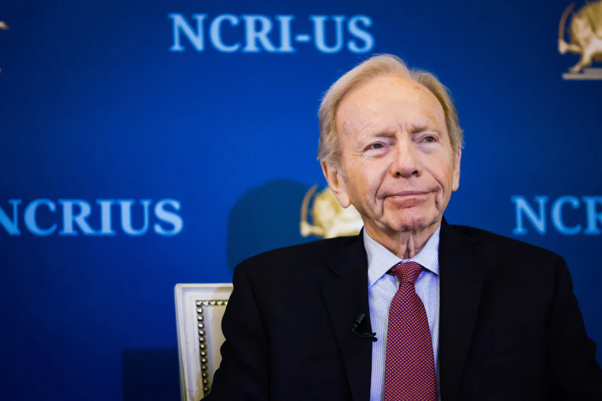 Former Sen. Joe Lieberman speaks at a panel hosted by the National Council of Resistance of Iran–U.S. Representative Office (NCRI-US) at the Willard InterContinental Hotel in Washington, on Aug. 17, 2022. (Anna Moneymaker/Getty Images)