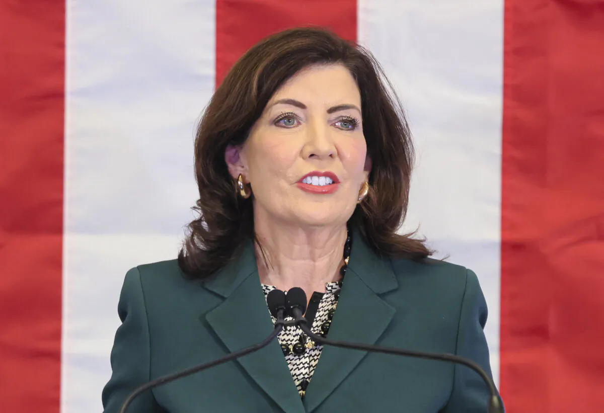 New York Gov. Kathy Hochul speaks during a press conference and signing of legislation creating a commission for the study of reparations in New York, in N.Y.C., on Dec. 19, 2023. (Michael M. Santiago/Getty Images)