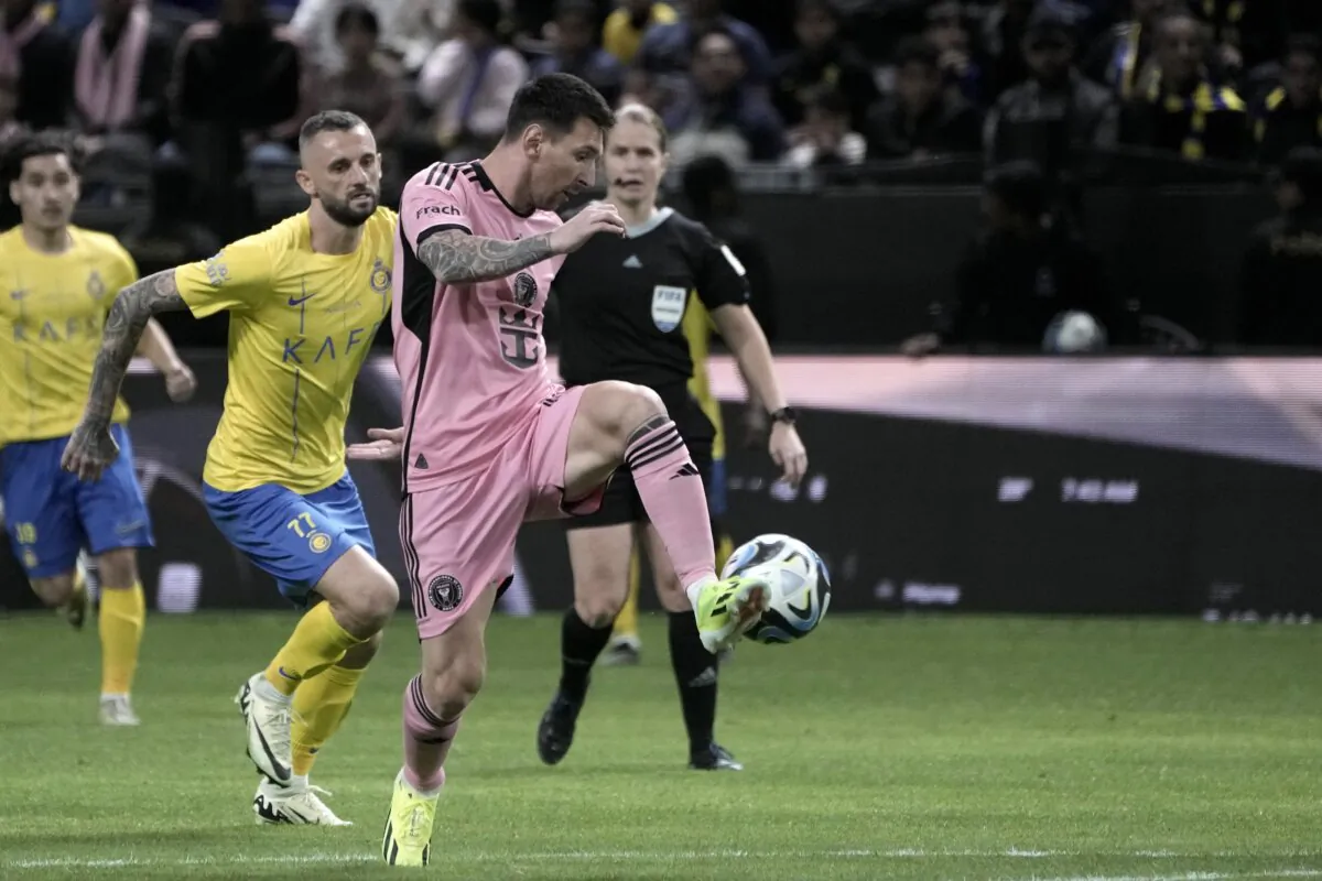 Inter Miami's Lionel Messi controls the ball during the Riyadh Season Cup soccer match between Inter Miami and Al Nassr in Riyadh, Saudi Arabia, on Feb. 1, 2024. (Amr Nabil/AP Photo)