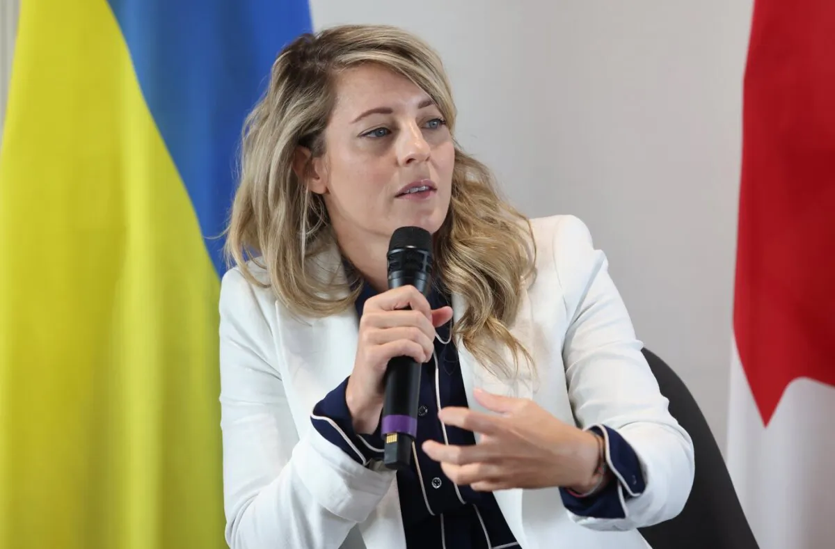 Minister of Foreign Affairs Melanie Joly speaks at an event to mark Ukraine Independence Day in Ottawa on Aug. 24, 2023. (The Canadian Press/Patrick Doyle)