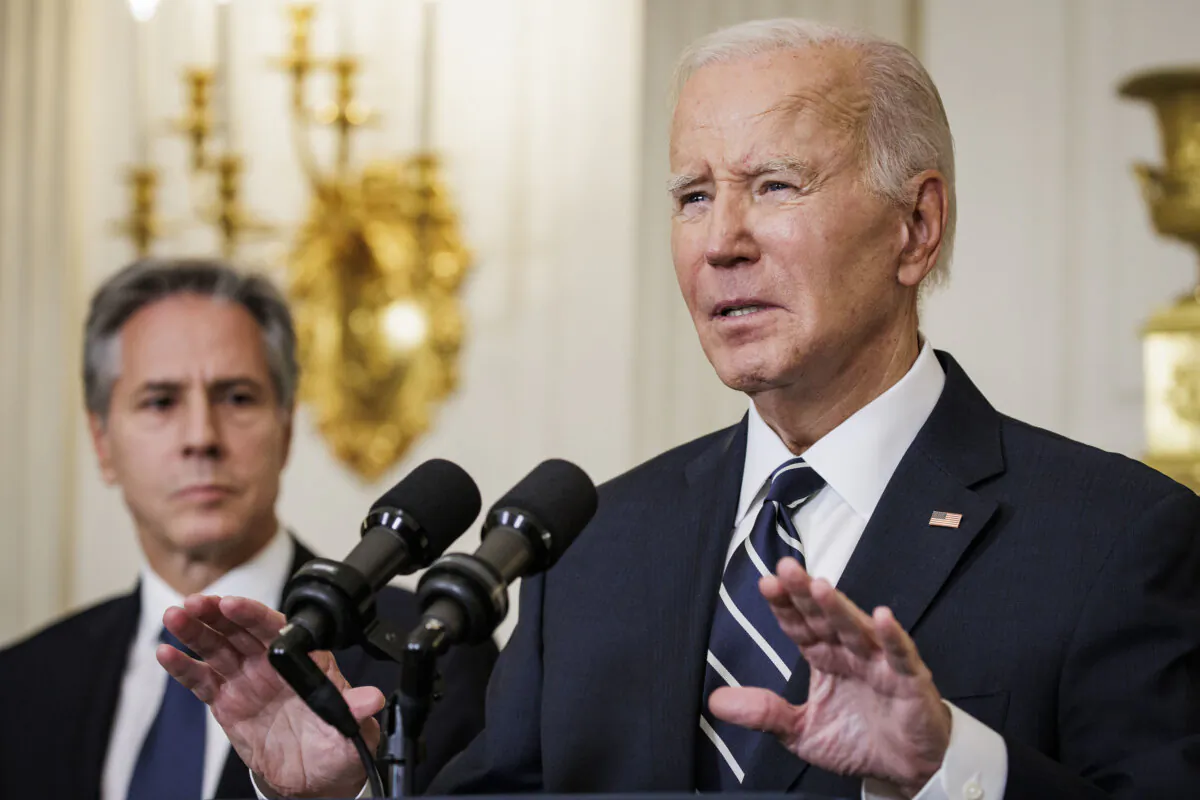 President Joe Biden speaks on the terrorist attacks in Israel alongside Secretary of State Antony Blinken, from the State Dining Room at the White House in Washington on Oct. 7, 2023. (Samuel Corum/Getty Images)