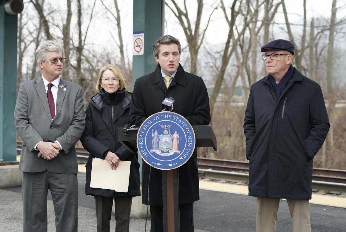 (L–R) State Assemblyman Chris Eachus, Assemblywoman Aileen Gunther, and state Sens. James Skoufis and Rob Rolison announced they joined a lawsuit against the New York City congestion toll program, in Harriman, N.Y., on Feb. 1, 2024. (Cara Ding/The Epoch Times)
