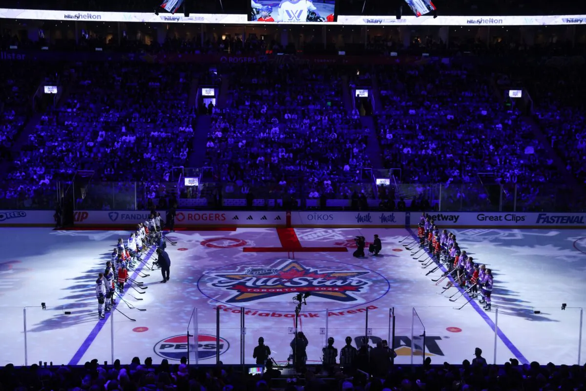 The anthems are played prior to the 3-on-3 Showcase during 2024 NHL All-Star Thursday in Toronto on Feb. 1, 2024. (Cole Burston/Getty Images)
