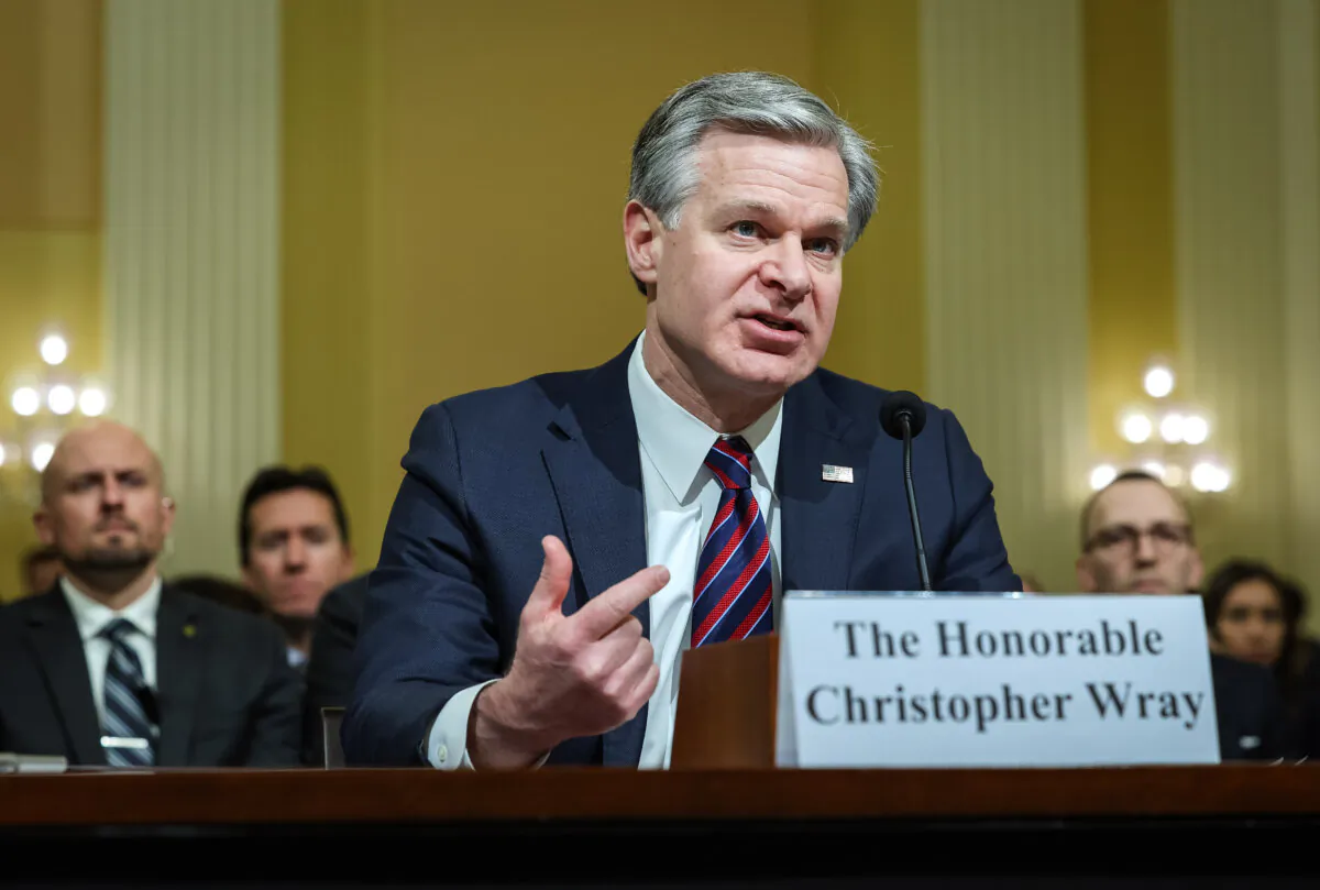 FBI Director Christopher Wray testifies before the House (Select) Strategic Competition Between the United States and the Chinese Communist Party Committee on Capitol Hill in Washington on Jan. 31, 2024. (Kevin Dietsch/Getty Images)
