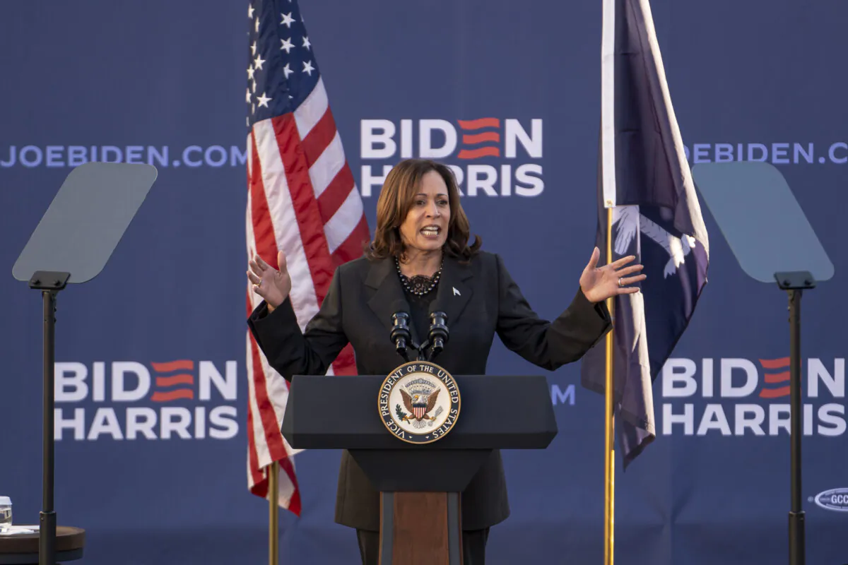 Vice President Kamala Harris speaks at South Carolina State University ahead of the South Carolina Democrats' primary election in Orangeburg, S.C., on Feb. 2, 2024. (Madalina Vasiliu/The Epoch Times)