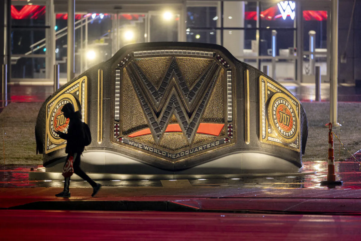 A wrestling belt sculpture stands in front of the WWE world headquarters in Stamford, Conn., on Jan. 28, 2024. (John Moore/Getty Images)