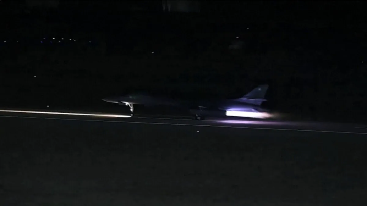 A B-1 bomber takes off from a runway in an unknown location in a still from video released on Feb. 2, 2024. (US Central Command via Reuters/Screenshot via The Epoch Times)