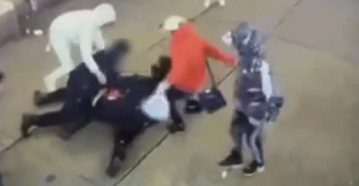 Illegal immigrants attack two New York Police Department officers outside a shelter in New York on Jan. 27, 2024. (Still from video courtesy of New York Police Department)