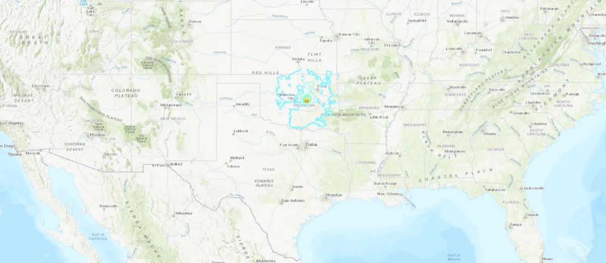 A map shows the location of a 5.1 magnitude earthquake that shook an area near Oklahoma City, and was centered 8 kilometers (4.9 miles) northwest of Prague, Okla., on Feb. 2, 2024. (USGS/Screenshot via The Epoch Times)
