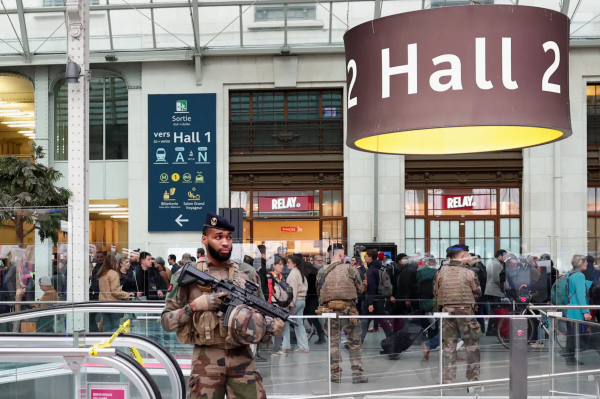 French soldiers secure the area after a man with a knife wounded several people at the Gare de Lyon rail station in Paris, France, on Feb. 3, 2024. (Gonzalo Fuentes/Reuters)