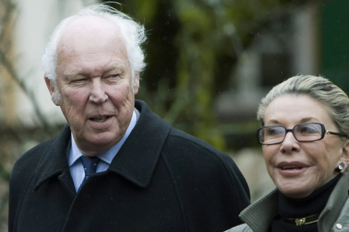 Prince Vittorio Emanuele from Savoy, left, and his wife Marina Doria, participate in a memorial service for the 100th birthday of the Polish-French artist Balthus, in Rossiniere, Switzerland, on Feb. 29, 2008. (Peter Schneider/Keystone via AP)