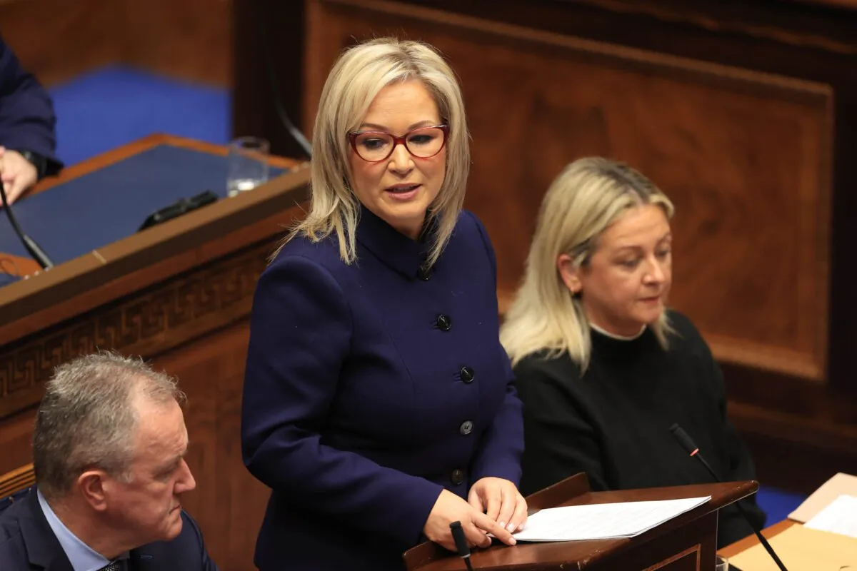 Sinn Fein vice president Michelle O’Neill speaking after being appointed as Northern Ireland’s First Minister during proceedings of the Northern Ireland Assembly in Parliament Buildings, Stormont,in Belfast, Northern Ireland, on Feb. 3, 2024. (Liam McBurney/PA)