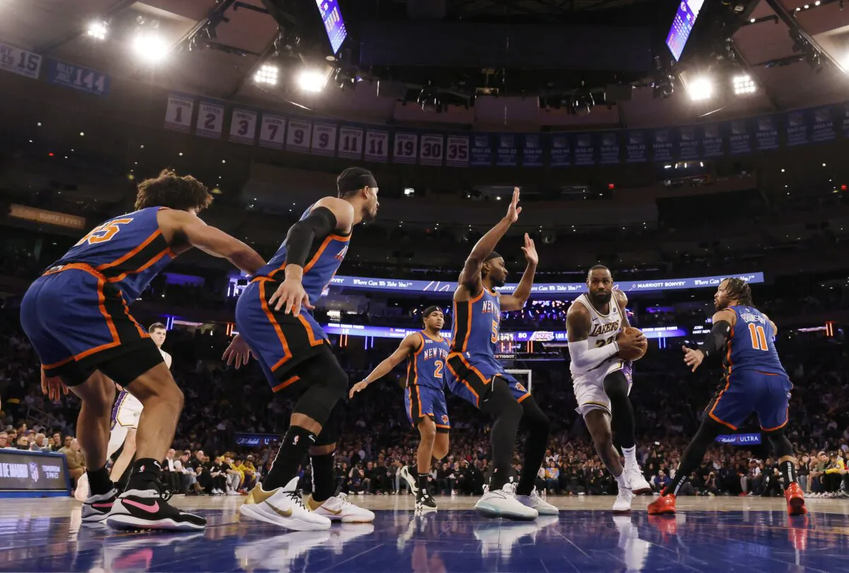 LeBron James (23) of the Los Angeles Lakers drives against the New York Knicks during their game in New York City on Feb. 3, 2024. (Al Bello/Getty Images)