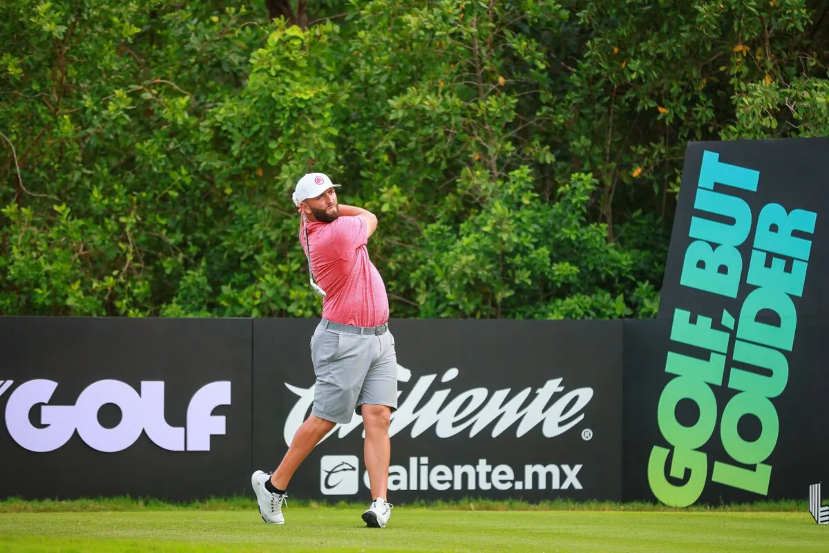 Captain Jon Rahm of Legion XIII plays his shot from the 17th hole during day two of the LIV Golf Invitational- Mayakoba at El Camaleon in Playa del Carmen, Mexico, on Feb. 3, 2024. (Manuel Velasquez/Getty Images)
