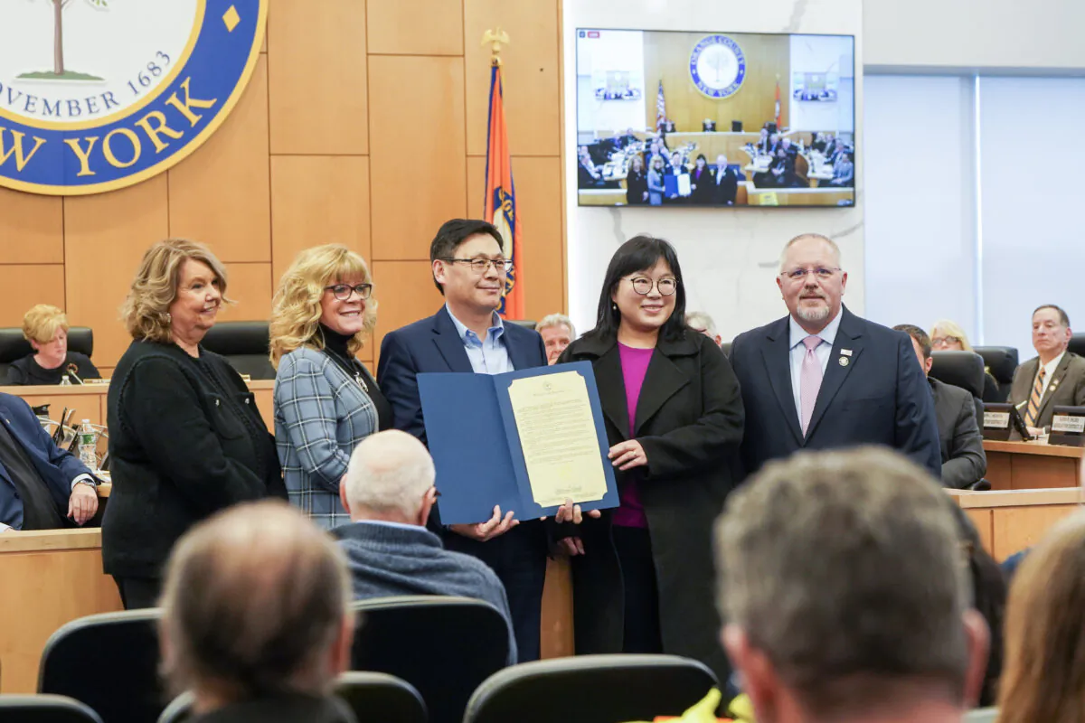 (L–R) Orange County Legislature Chairwoman Katie Bonelli, County Legislator Janet Sutherland, Jim Zhang, Jin Pang, and county legislature majority leader Tom Faggione in Goshen, N.Y., on Feb. 1, 2024. (Cara Ding/The Epoch Times)