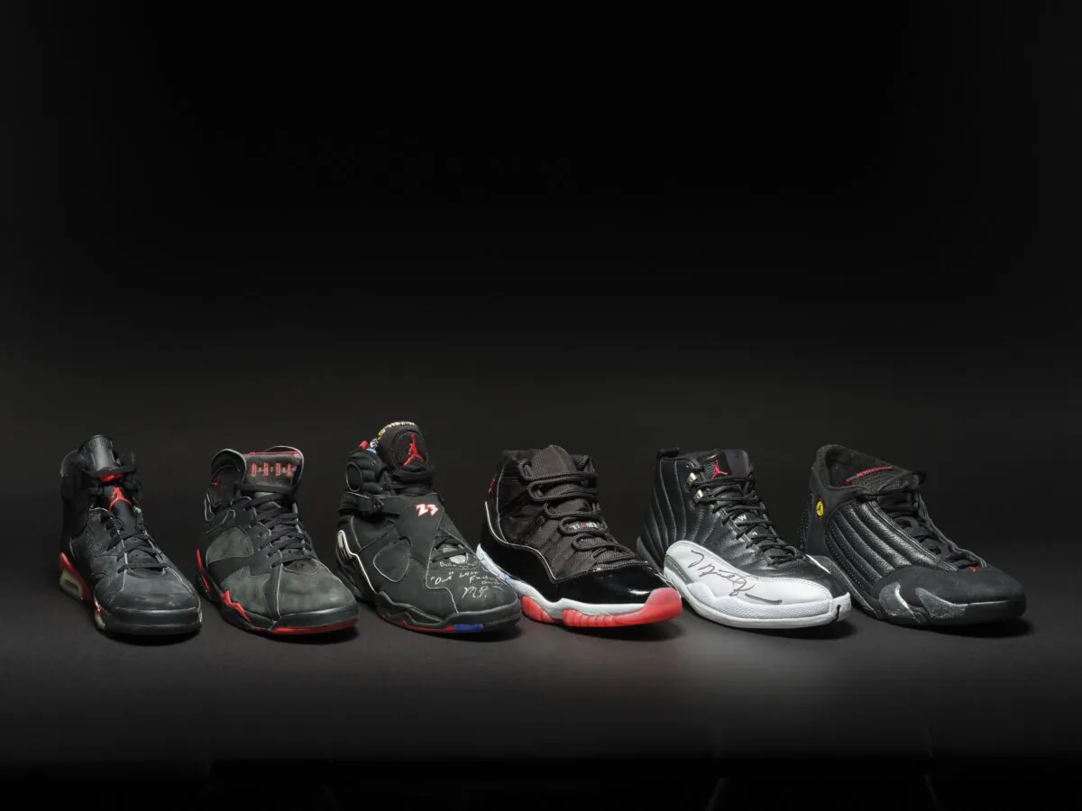 A collection of sneakers dubbed the "Dynasty Collection" that superstar Michael Jordan wore as he and the Chicago Bulls won six NBA championships. (Courtesy of Sotheby's via AP)