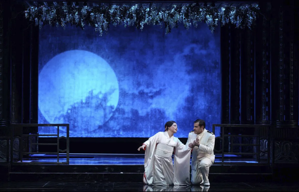 Karah Son as Cio-Cio-San (L) and Jonathan Tetelma as Pinkerton during a performance of Mario Gras's "Madama Butterfly" at Teatro Real in Madrid, which will be part of The Los Angeles Opera 2024-25 season. (Javier del Rea/LA Opera via AP)