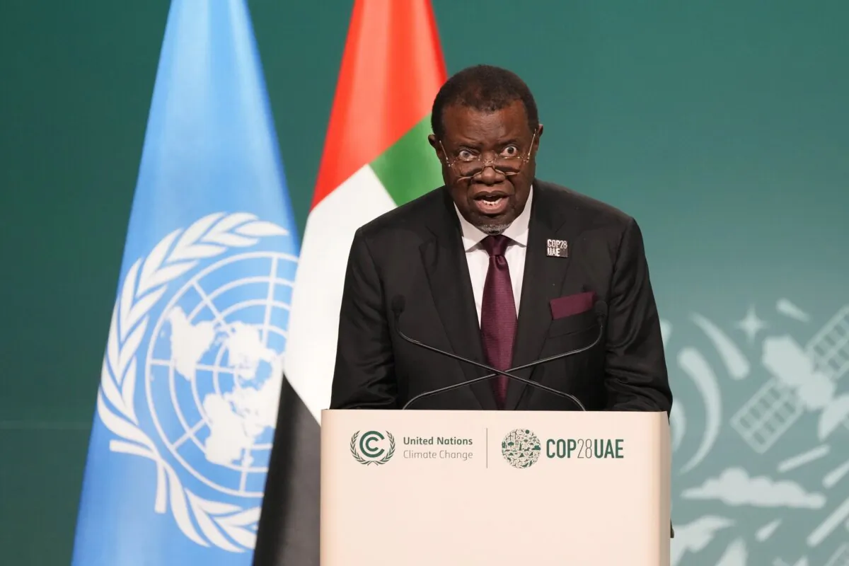 Namibia President Hage Geingob speaks during a plenary session at the COP28 U.N. Climate Summit in Dubai on Dec. 1, 2023. (Peter Dejong/AP Photo)