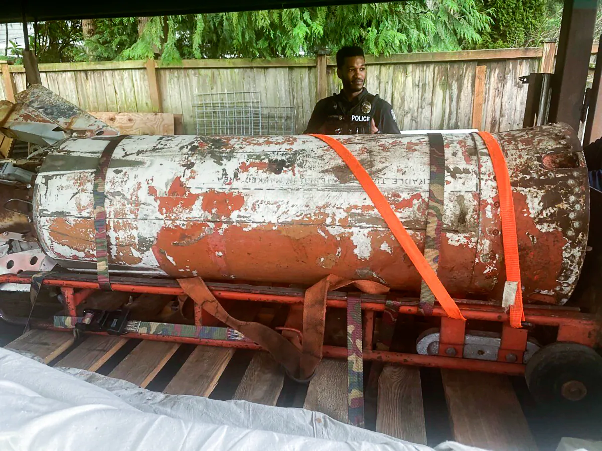 Bellevue, Wash. Police Department shows a an inert rocket in the garage of a home in Bellevue, Wash, on Feb. 1, 2024. (Bellevue, Wash. Police Department via AP)