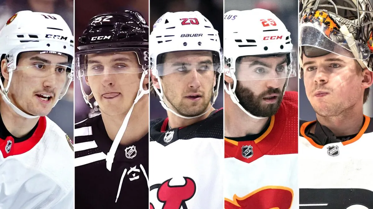 (L-R) Ottawa Senators' Alex Formenton, New Jersey Devils defenceman Cal Foote, New Jersey Devils' Michael McLeod, Calgary Flames centre Dillon Dube, and Philadelphia Flyers goaltender Carter Hart. (The Canadian Press/AP-Matt Slocum, Noah K. Murray, Matt Slocum, Paul Sancya, Corey Sipkin)