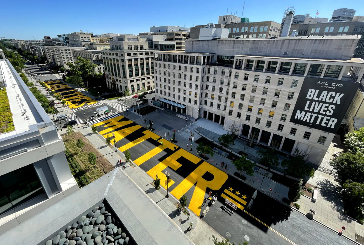 Black Lives Matter Plaza on 16th Street is repainted following the removal of the lettering for a construction project in Washington on May 13, 2021. (Kevin Dietsch/Getty Images)