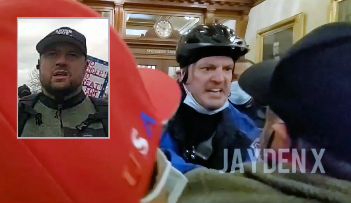 Dr. Austin Brendlen Harris was forced away from a dying Ashli Babbitt as he was about to perform CPR at the U.S. Capitol on Jan. 6, 2021. (Main photo: Jayden X; Inset: U.S. DOJ/Graphic by The Epoch Times)
