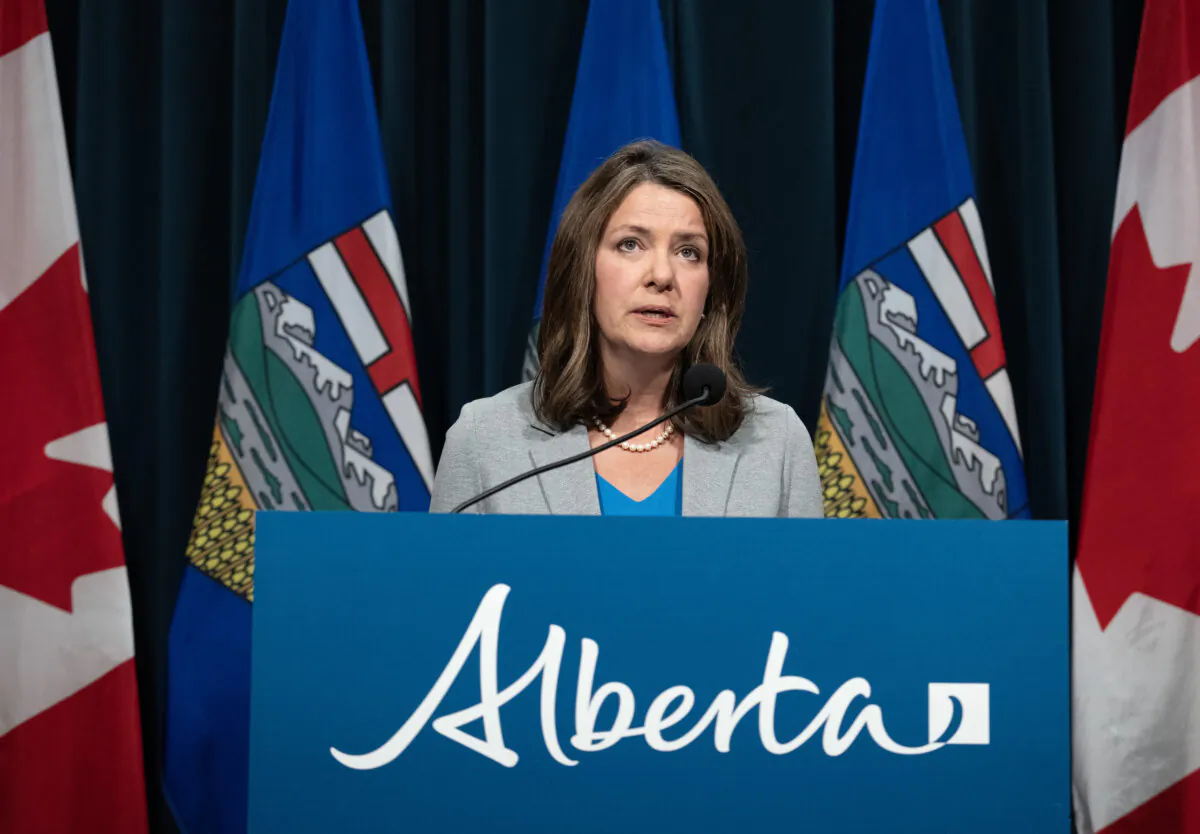 Alberta Premier Danielle Smith answers questions after making an announcement at a news conference in Calgary on Feb. 1, 2024. (The Canadian Press/Todd Korol)