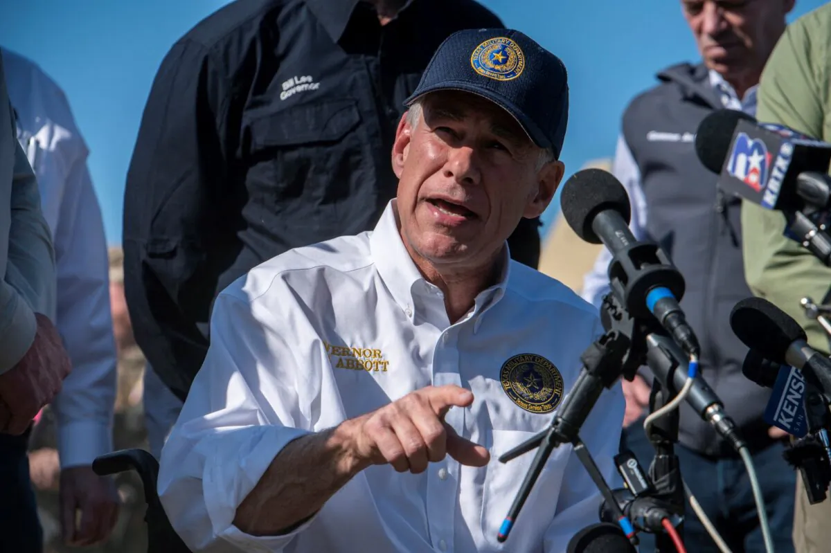 Texas Gov. Greg Abbott holds a press conference at Shelby Park in Eagle Pass, Texas, on Feb. 4, 2024. (Sergio Flores/AFP via Getty Images)