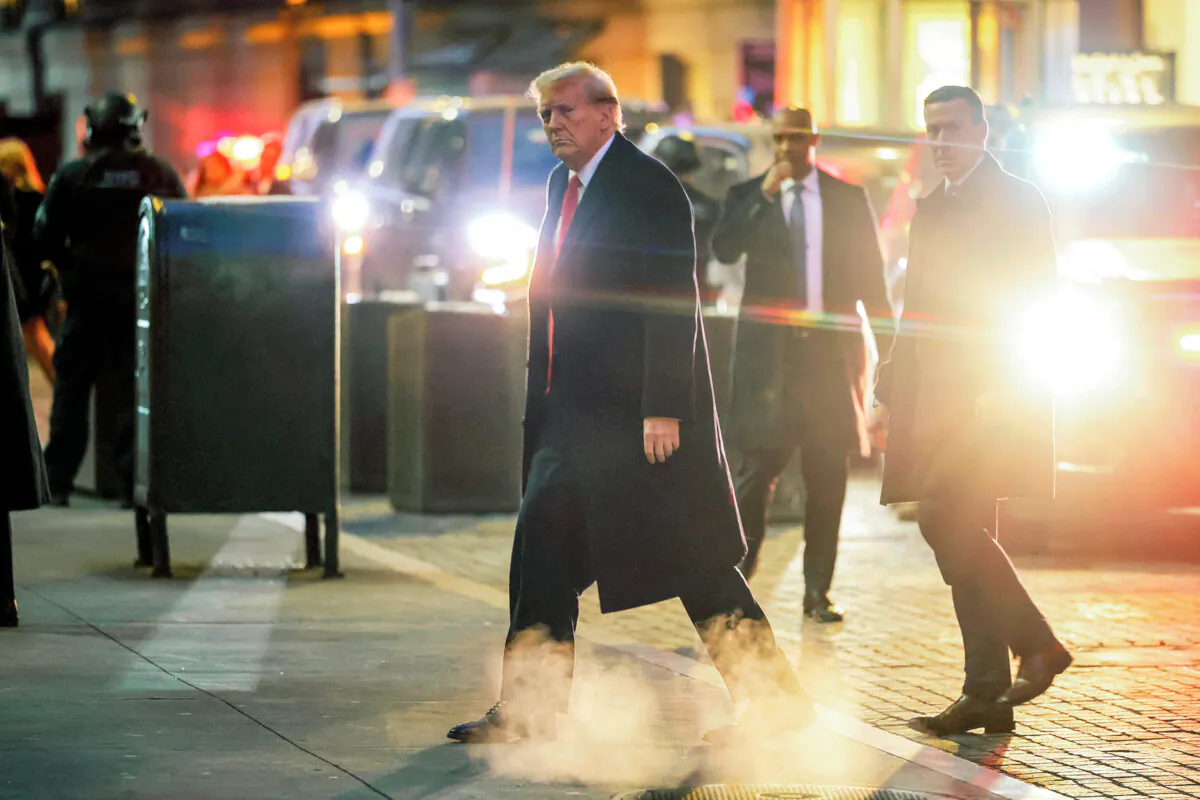 Former President Donald Trump arrives for a press conference on the second day of his defamation trial involving E. Jean Carroll, in New York, on Jan. 17, 2024. (Michael M. Santiago/Getty Images)