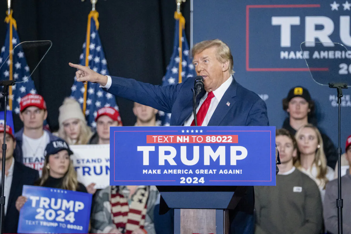 Republican presidential candidate and former President Donald J. Trump speaks at a rally in Manchester, N.H., on Jan. 20, 2024. (Madalina Vasiliu/The Epoch Times)