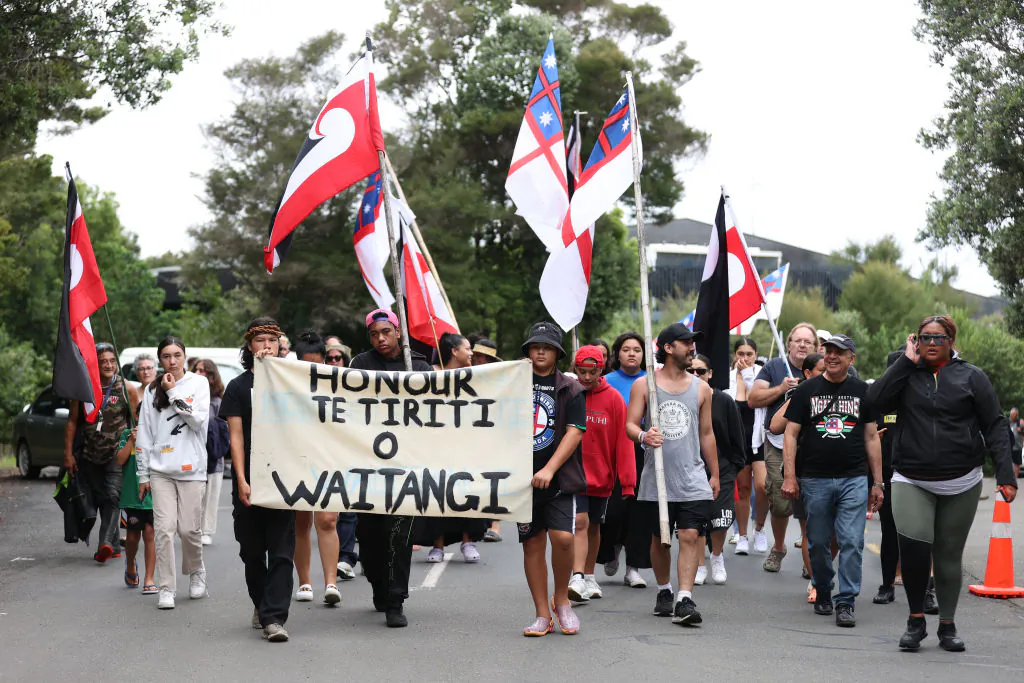 A "hikoi" walks towards the Waitangi Treaty grounds in Waitangi, New Zealand on Feb. 6, 2023. The Waitangi Day national holiday celebrates the signing of the treaty of Waitangi on Feb. 6, 1840 by Maori chiefs and the British Crown, that granted the Maori people the rights of British Citizens and ownership of their lands and other properties. (Fiona Goodall/Getty Images)