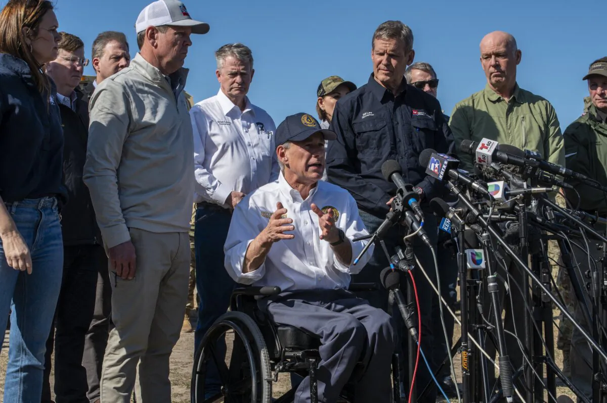 Texas Gov. Greg Abbott holds a press conference at Shelby Park in Eagle Pass, Texas, on Feb. 4, 2024. (Sergio Flores/AFP via Getty Images)