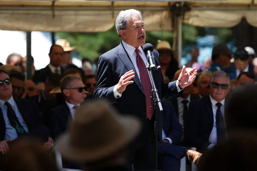 NZ First leader Winston Peters speaks at Te Whare Rūnanga during a pōwhiri in Waitangi, New Zealand on Feb. 5, 2024. The Waitangi Day national holiday celebrates the signing of the treaty of Waitangi on Feb. 6, 1840 by Maori chiefs and the British Crown, that granted the Maori people the rights of British Citizens and ownership of their lands and other properties. (Fiona Goodall/Getty Images)