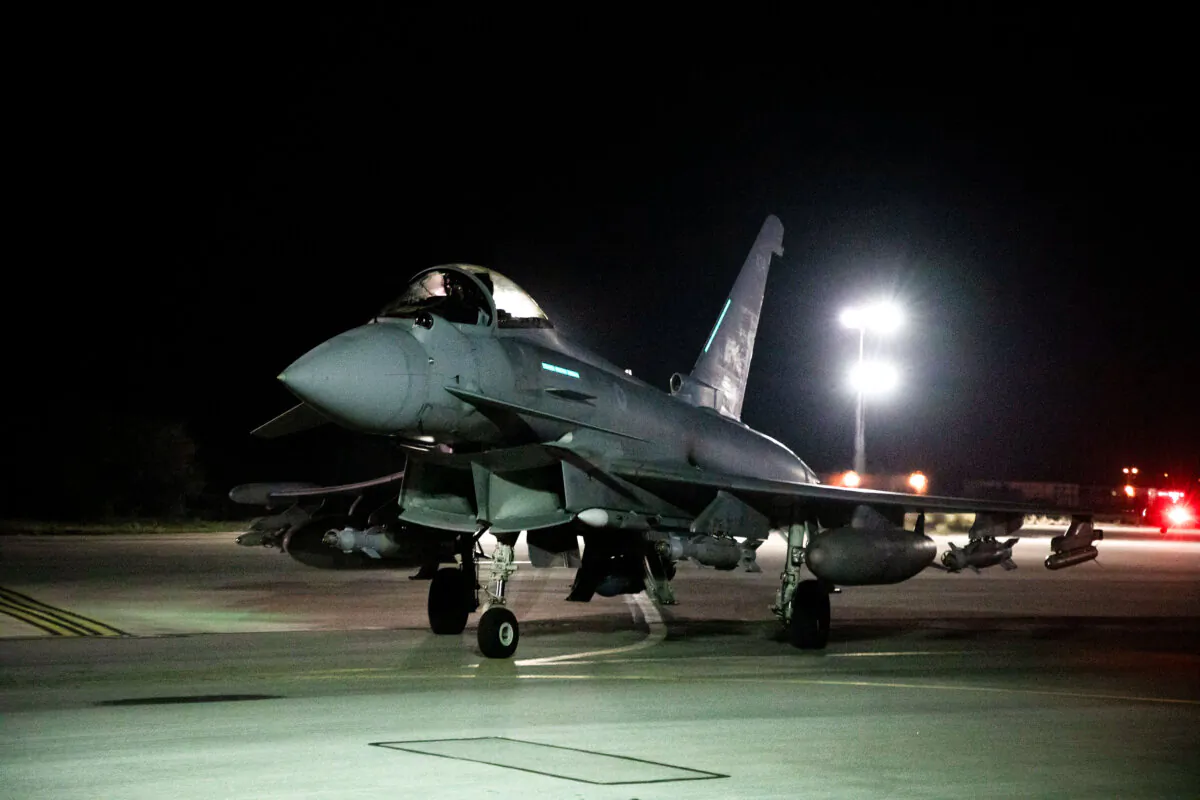 An RAF Typhoon FRG4 aircraft prepares to take off to conduct further strikes against Houthi military targets in Yemen, from RAF Akrotiri, in Cyprus, on Feb. 3, 2024. (Cpl Samantha Drummee/Ministry of Defence via AP)