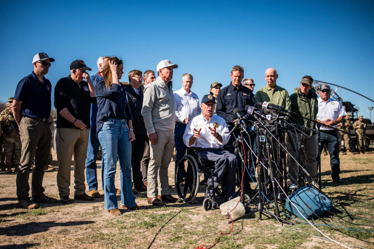 Texas Gov. Greg Abbott holds a press conference at Shelby Park in Eagle Pass, Texas, on Feb. 4, 2024. (Sergio Flores/AFP via Getty Images)