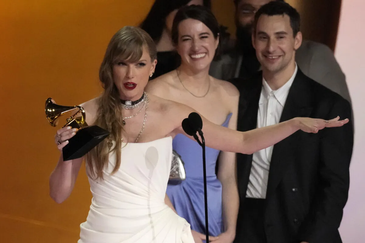 Taylor Swift accepts the award for album of the year for "MIdnights" during the 66th annual Grammy Awards in Los Angeles on Feb. 4, 2024. (Chris Pizzello/AP Photo)