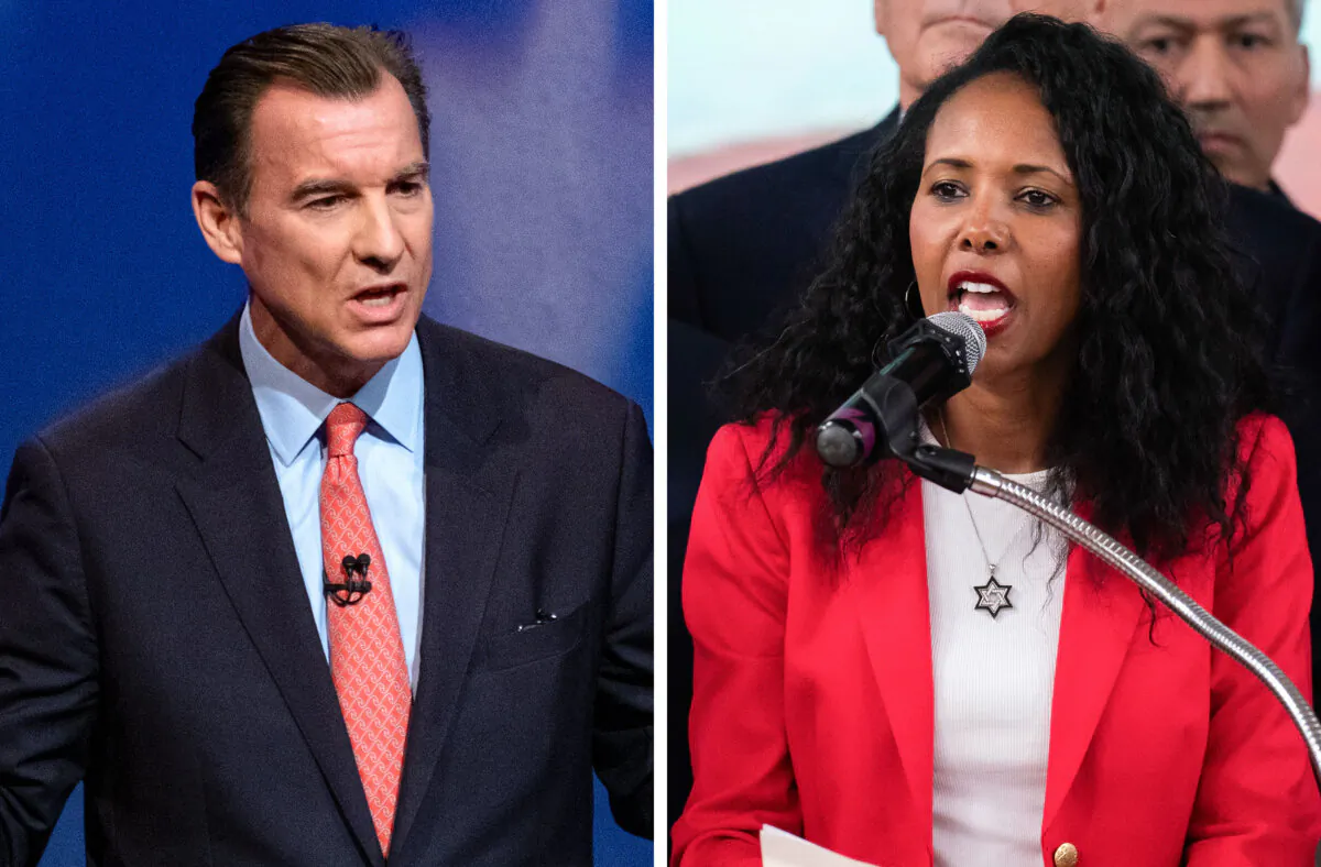 (Left) Rep. Tom Suozzi (D-N.Y.) debates in the race for governor at the studios of WNBC4-TV in New York, on June 16, 2022. (Right) Nassau County legislator Mazi Melesa Pilip speaks during a press conference at American Legion Post 1066 in Massapequa, N.Y., on Dec. 15, 2023. (Craig Ruttle-Pool/Getty Images, Adam Gray/Getty Images)