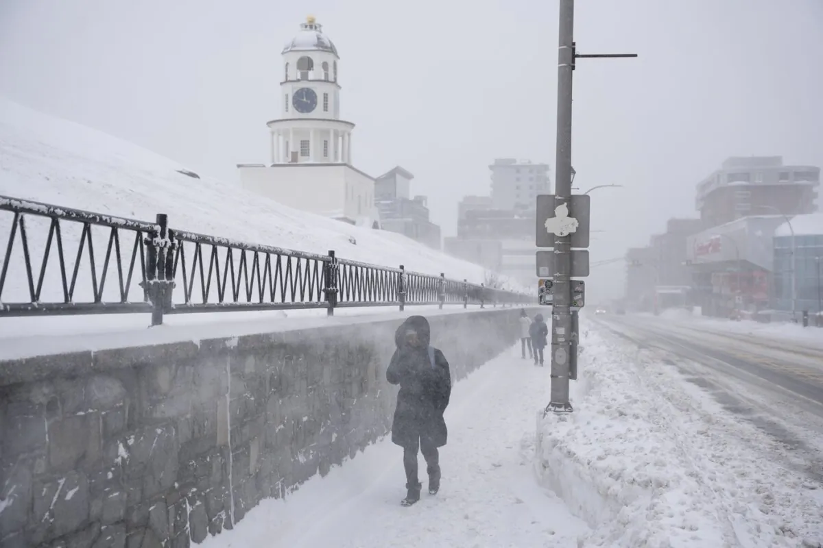 Pedestrians make their way through blowing snow as a winter storm continues to batter Halifax on Feb. 4, 2024. (The Canadian Press/Darren Calabrese)