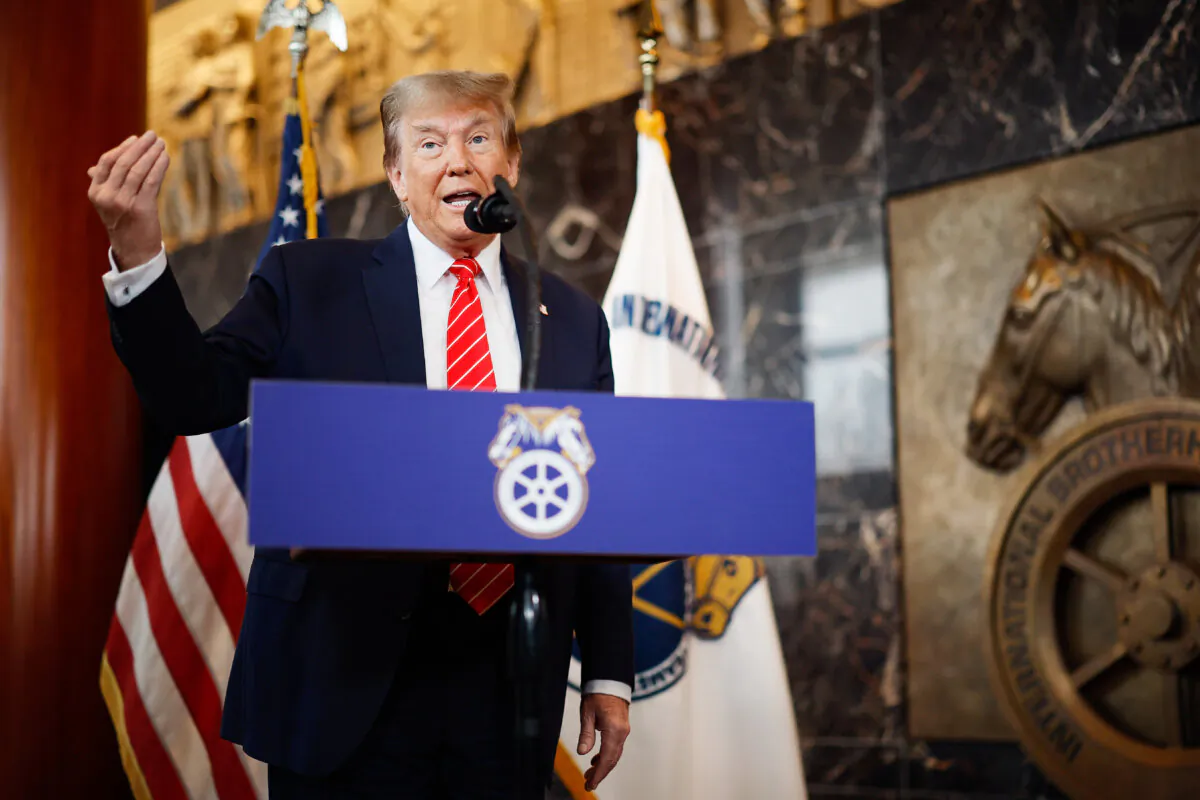 Republican presidential candidate and former U.S. President Donald Trump talks to reporters at the International Brotherhood of Teamsters headquarters in Washington on Jan. 31, 2024. (Chip Somodevilla/Getty Images)
