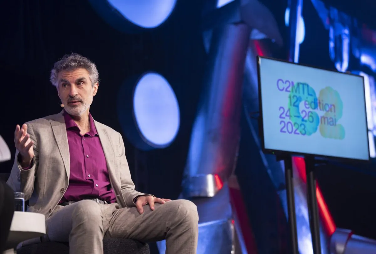 Yoshua Bengio, founder and scientific director, Mila-Quebec AI Institute, discusses artificial intelligence, democracy and the future of civilization at the C2MTL conference in Montreal on May 24, 2023. (The Canadian Press/Christinne Muschi)