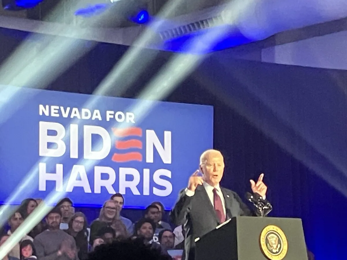 President Joe Biden delivers a campaign speech aimed at black, Hispanic and union voters on the historic West Side of Las Vegas, Nevada, on Feb. 4, 2024. (Janice Hisle/The Epoch Times)