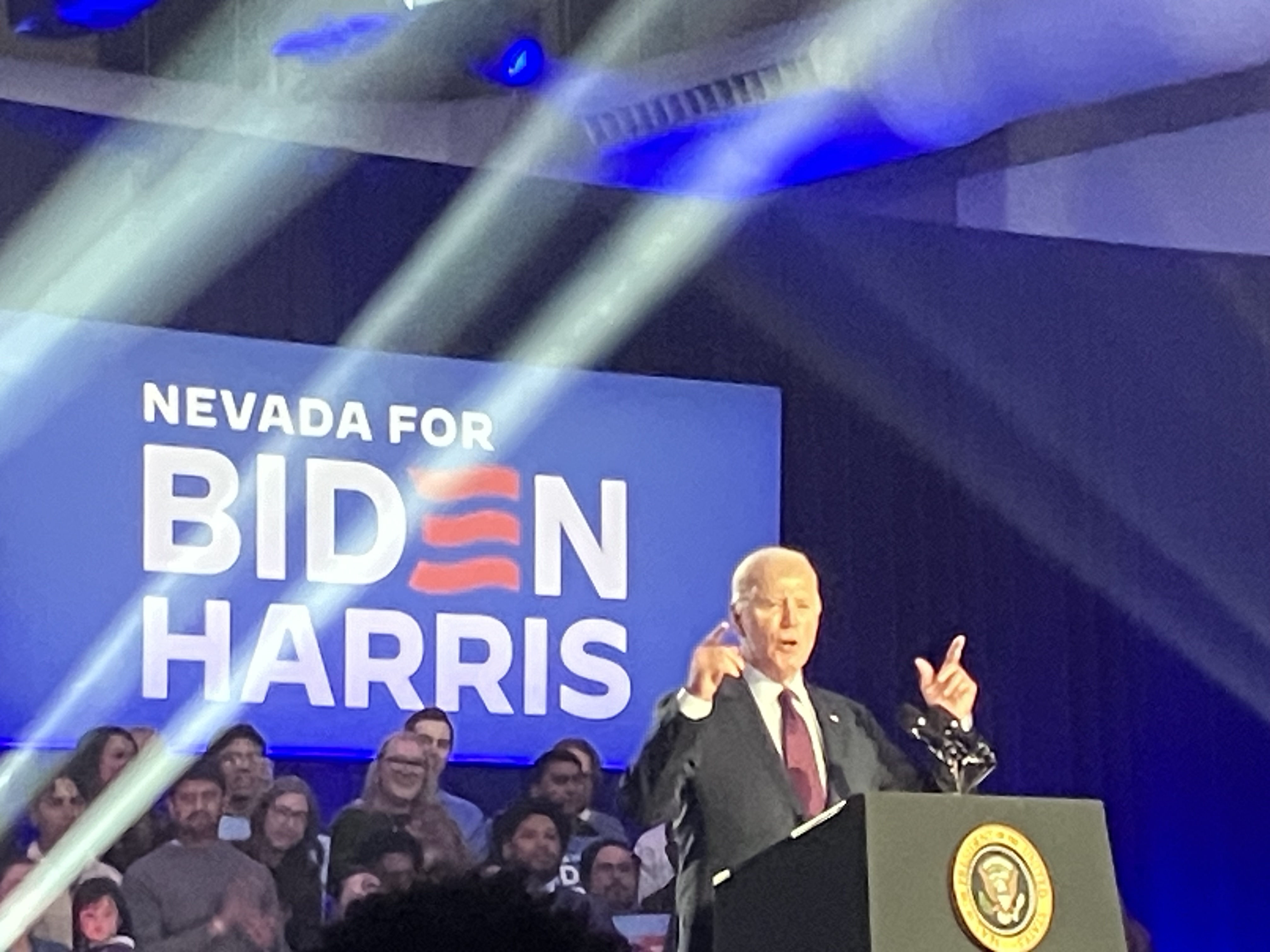 President Joe Biden delivers a campaign speech aimed at black, Hispanic and union voters on the historic West Side of Las Vegas, Nevada, on Feb. 4, 2024. (Janice Hisle/The Epoch Times)