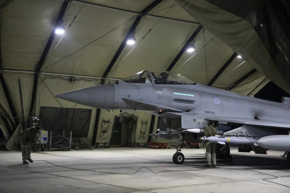 A Royal Air Force Typhoon FRG4s is being prepared to conduct further strikes against Houthi military targets in Yemen at RAF Akrotiri, in Akrotiri, Cyprus, on Feb. 3, 2024. (Cpl Samantha Drummee/MoD Crown Copyright via Getty Images)