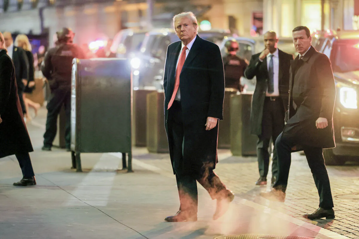 Former President Donald Trump arrives for a press conference on the second day of his defamation trial involving E. Jean Carrol, in New York on Jan. 17, 2024. (Michael M. Santiago/Getty Images)